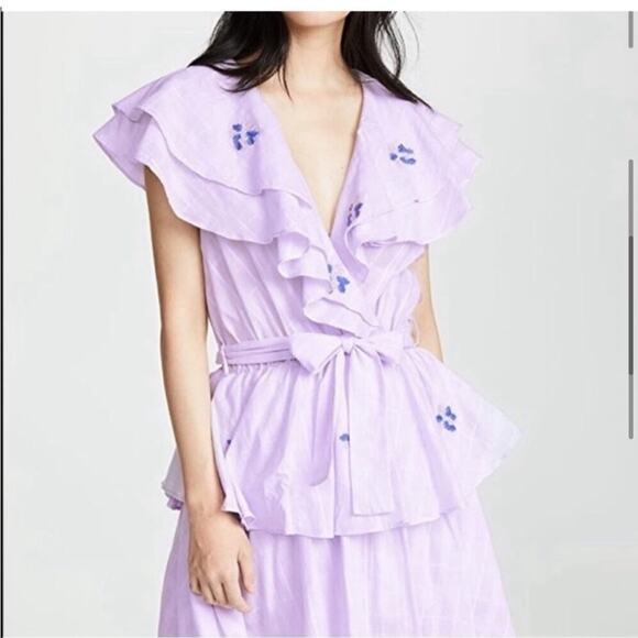 Innika Choo Lavender Pi Furlunche Wrap Ruffled Embroidered Linen Midi Dress - Picture 4 of 16